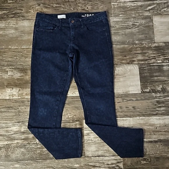 Gap 1969 Always Skinny Mid-Rise Straight Blue Black Cheetah Print Denim Jeans 28 - Picture 3 of 16